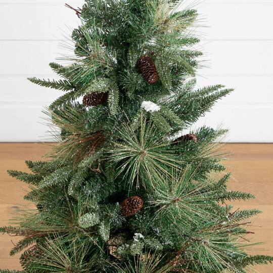 Nearly Natural 3ft. Pre-Lit Artificial Snowed Mixed Pine & Pinecone Christmas Tree in Gold Decorative Planter, Warm White LED lights